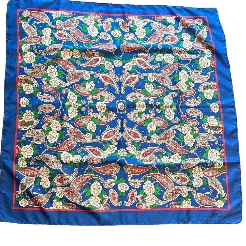 Vintage Sarah Coventry paisley w blue border made in Italy scarf 30” x 30”